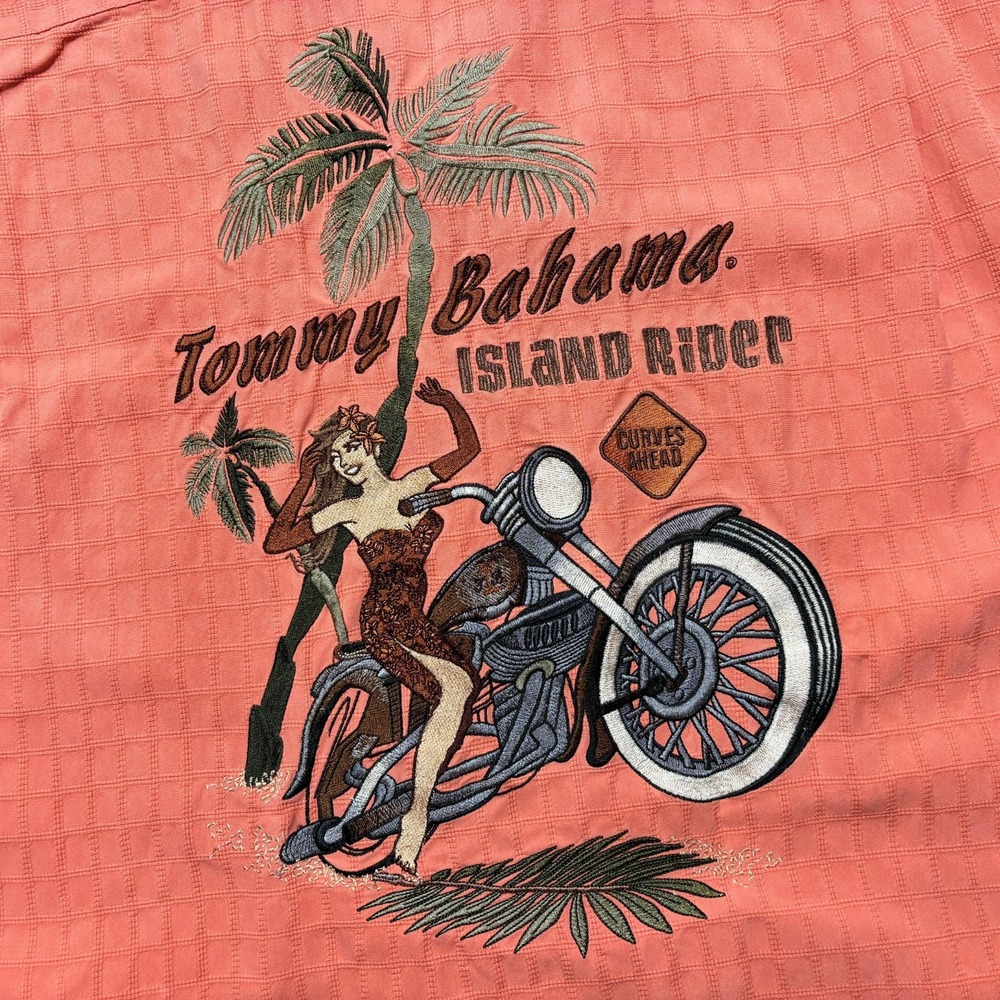 Tommy Bahama Shirt Girl Island Rider Motorcycle Loop Salmon Pink Mens Large READ